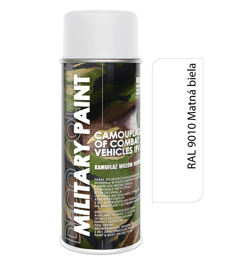 Deco color Military Paint, matná biela RAL 9010 - kamuflážny sprej 400ml