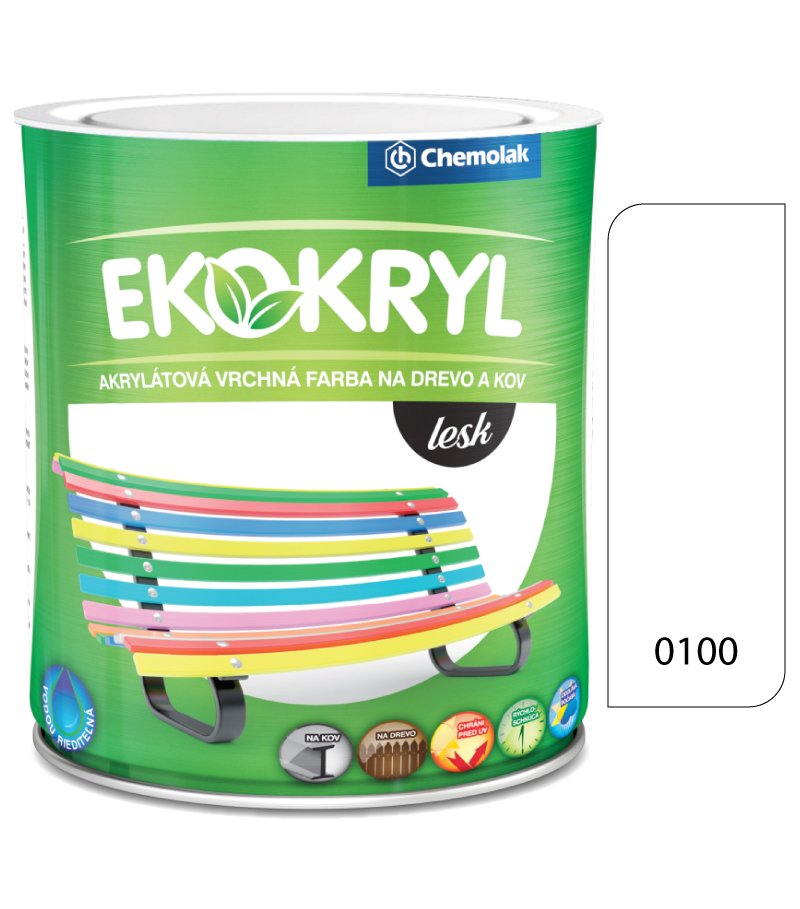Chemolak Ekokryl Lesk V2062 0100 biela - vrchná akrylátová farba na drevo a kov 0,6l