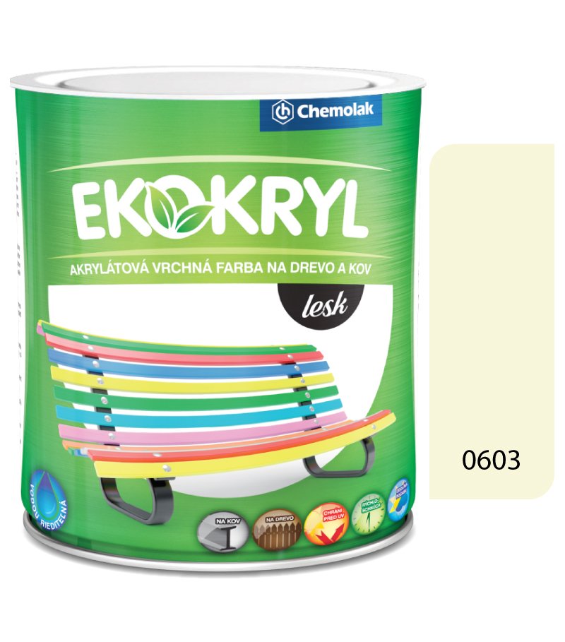 Chemolak Ekokryl Lesk V2062 0603 slonová kosť - vrchná akrylátová farba na drevo a kov 0,6l