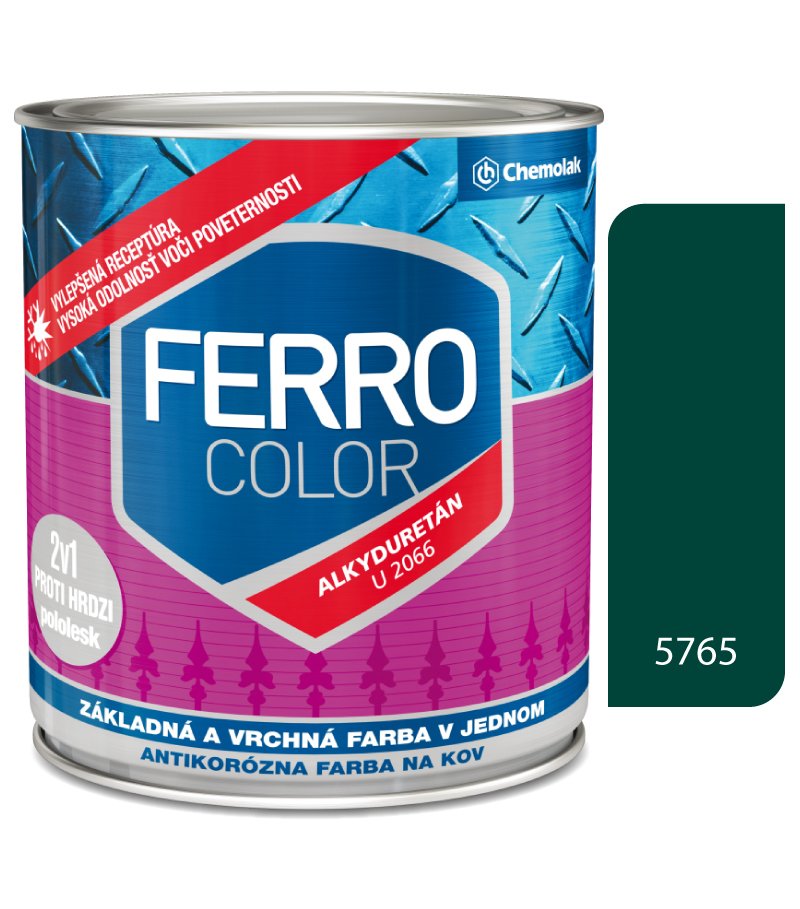Chemolak Ferro Color U2066 5765 tmavozelená Pololesk - základná a vrchná farba na kov 0,75l