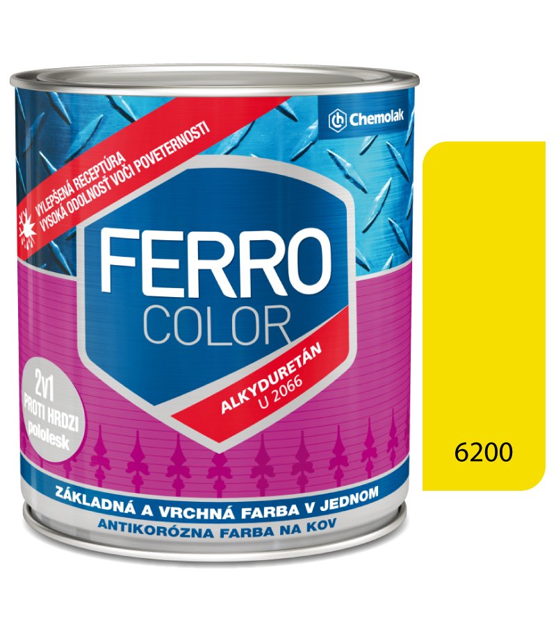Chemolak Ferro Color U2066 6200 žltá Pololesk - základná a vrchná farba na kov 0,75l