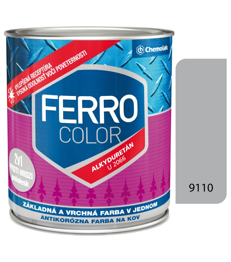 Chemolak Ferro Color U2066 9110 hliníková Pololesk - základná a vrchná farba na kov 0,75l