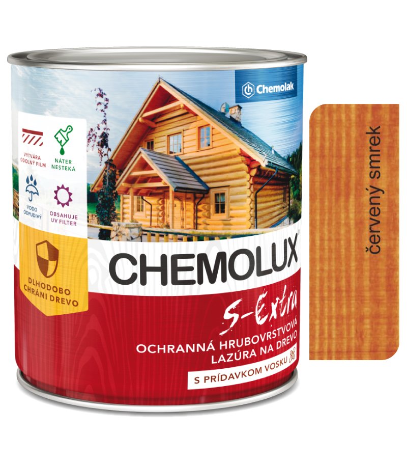 Chemolak S1025 Chemolux S Extra 0222 červený smrek 0,75l - hodvábne lesklá ochranná lazúra na drevo